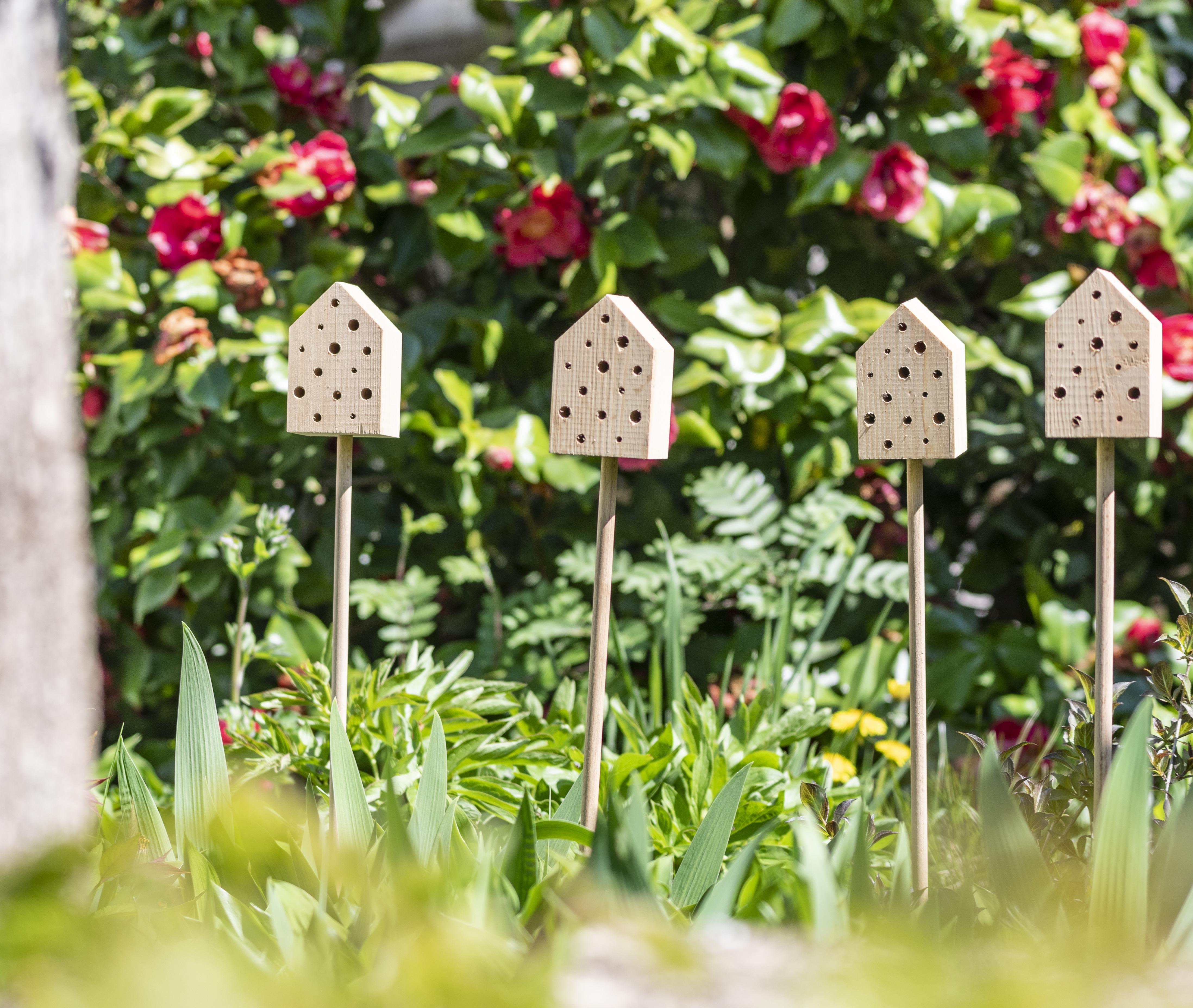 Vier insectenhotels op een stok in de tuin