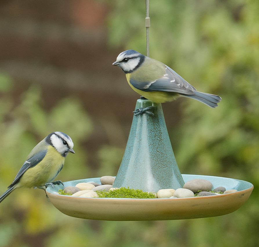 Twee pimpelmezen bovenop een vogelbad